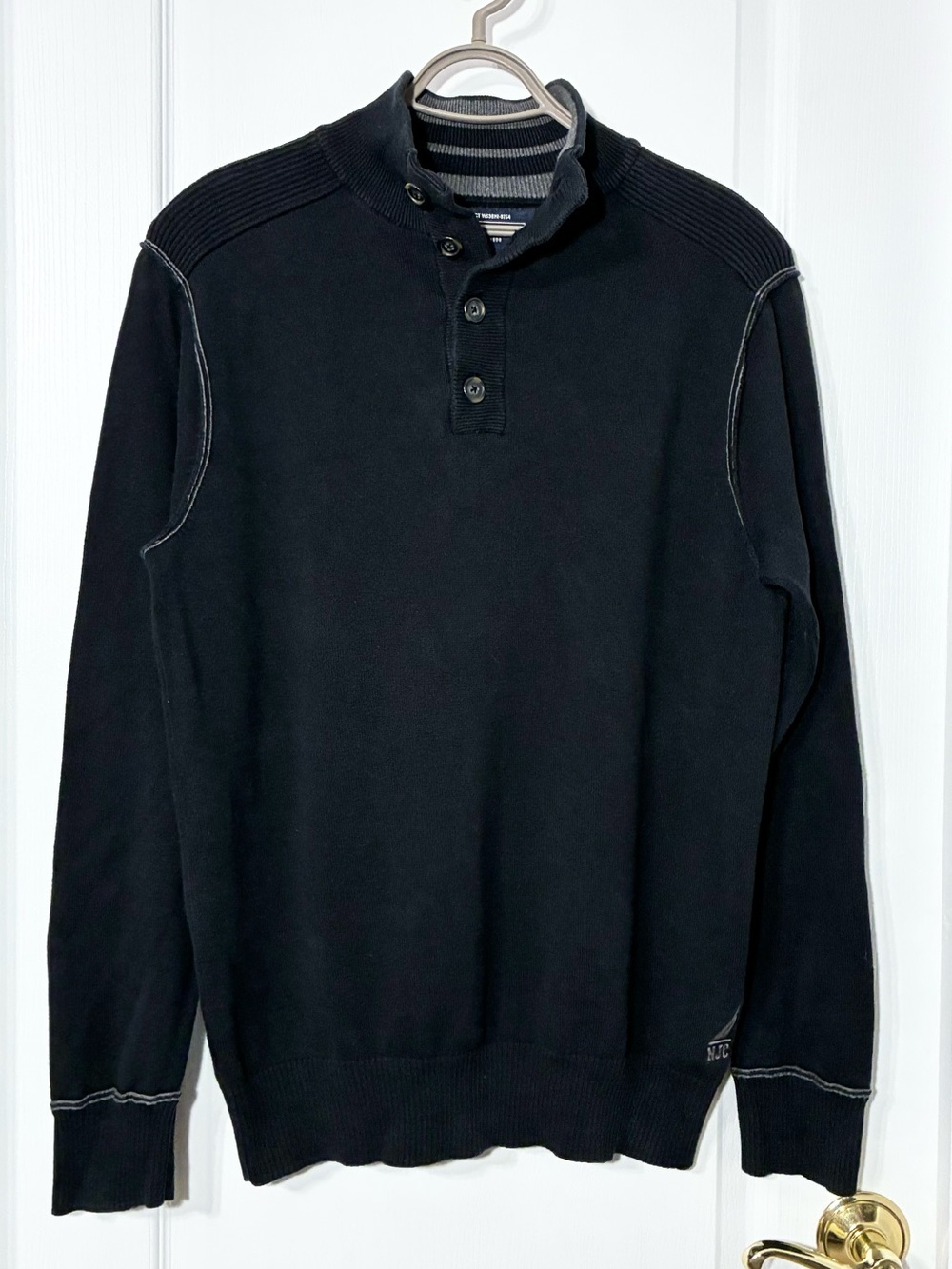 Y2K VTG Nautica Jeans Co Cotton Mock Neck Sweater Black Gray Trim Men’s Medium